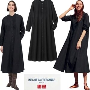 Ines De La Fressange X  Uniqlo Black twill Cotton Collarless Pintuck Dress